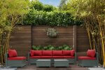 Deko Living 8 Piece Brown Outdoor Sectional Wicker Sofa Chairs and Tables with Interchangable Beige and Red Cushion Covers