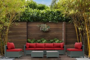 Deko Living 8 Piece Brown Outdoor Sectional Wicker Sofa Chairs and Tables with Interchangable Beige and Red Cushion Covers