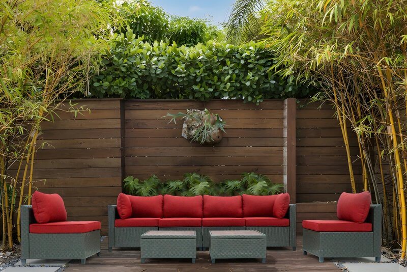 Deko Living 8 Piece Brown Outdoor Sectional Wicker Sofa Chairs and Tables with Interchangable Beige and Red Cushion Covers