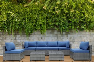 Deko Living 8 Piece Gray Outdoor Sectional Wicker Sofa Chairs and Tables with Interchangable Blue and Gray Cushion Covers