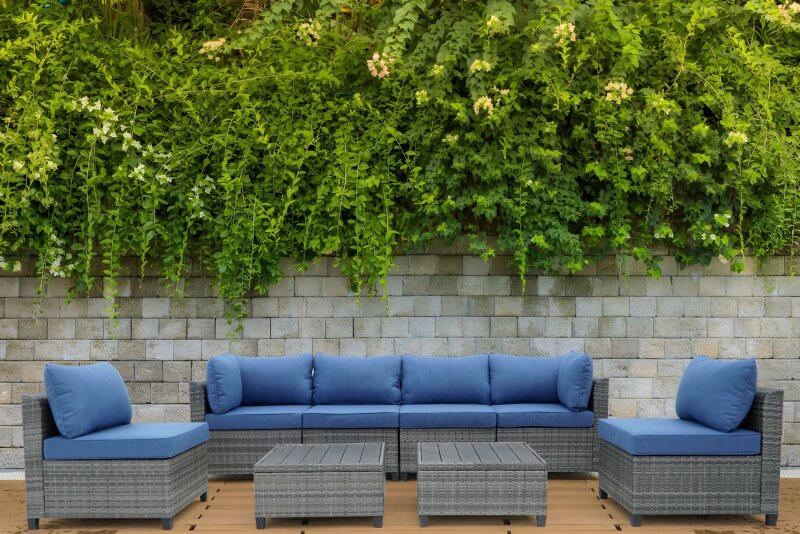 Deko Living 8 Piece Gray Outdoor Sectional Wicker Sofa Chairs and Tables with Interchangable Blue and Gray Cushion Covers